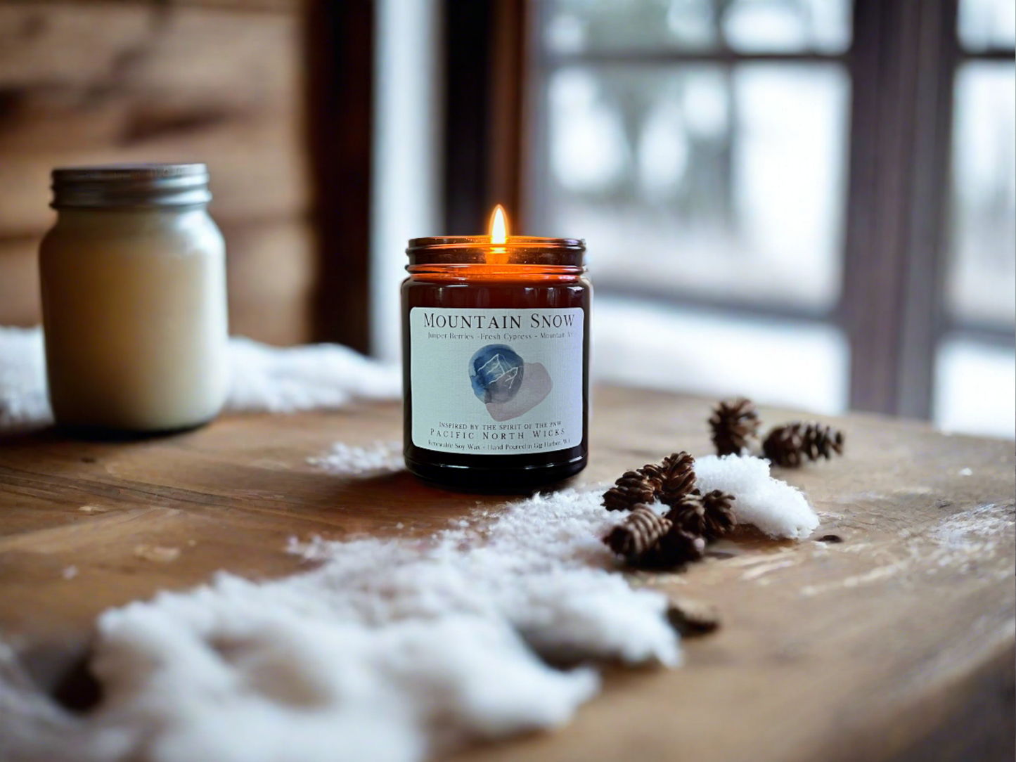 Pacific NW Wicks Mountain Snow Candle | Juniper | Cypress | 8 oz Amber Jar