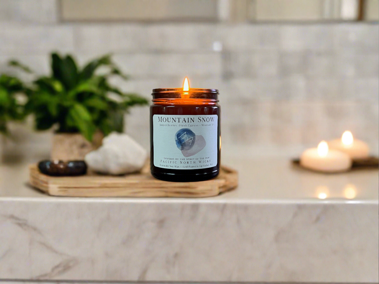 Pacific NW Wicks Mountain Snow Candle | Juniper | Cypress | 8 oz Amber Jar