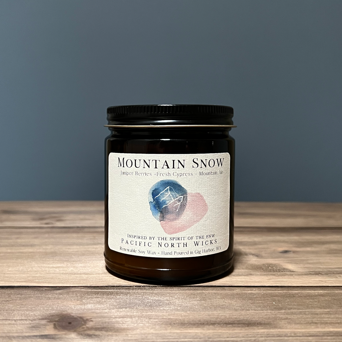 Pacific NW Wicks Mountain Snow Candle | Juniper | Cypress | 8 oz Amber Jar