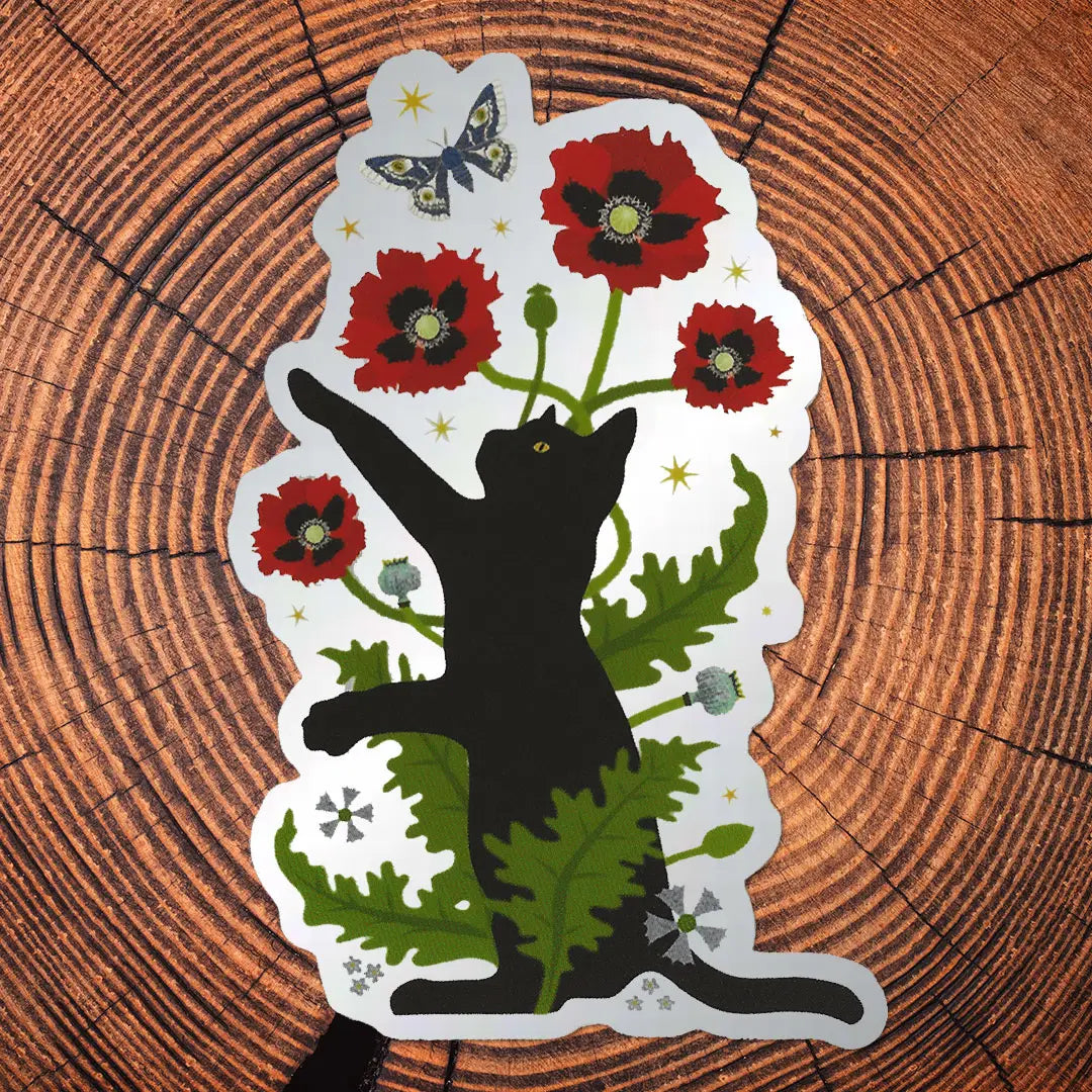 Black Cat & Poppies Matte Mirror Pvc-Free Sticker