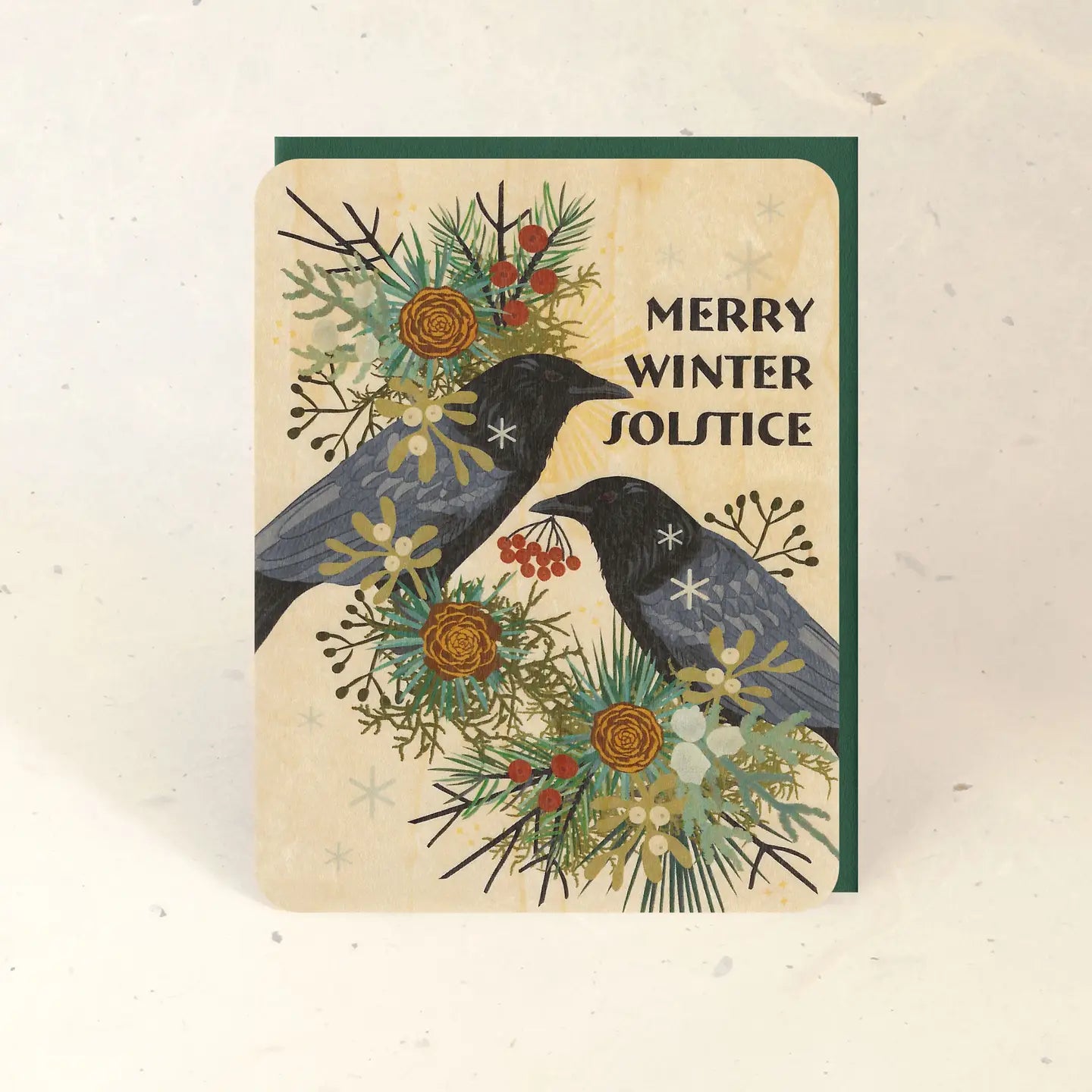 Little Gold Fox Designs Winter Solstice Crow Wood Greeting Card