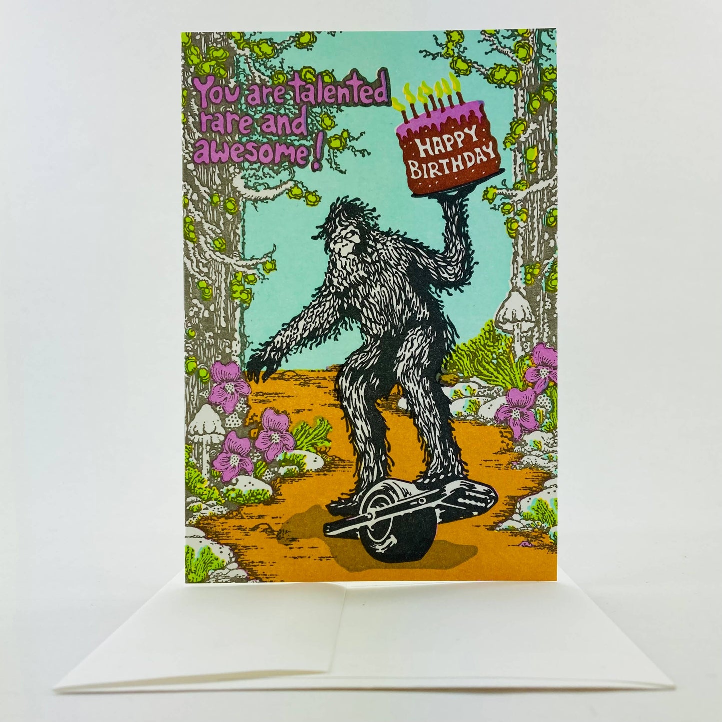 Old School Stationers Happy Birthday Sasquatch riding a one wheel