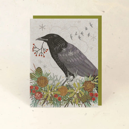 Little Gold Fox Winter Crow Holiday Paper Card